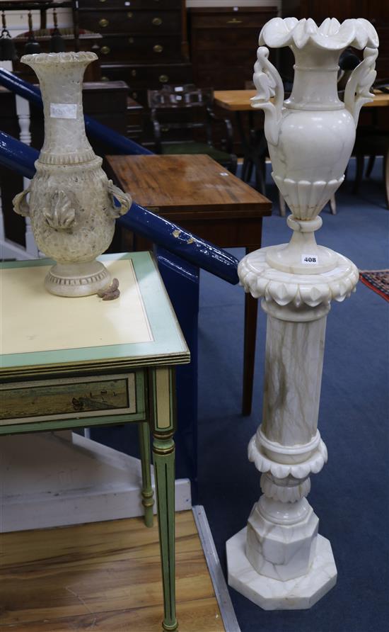 An alabaster vase and column and a similar vase